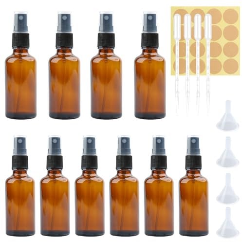 QMLING 10PCS Glass Spray Bottles, Amber Glass Spray Bottle with Funnel Dropper and Sticker, Refillable Small Spray Bottles 50ml and 30ml for Cleaning Perfume Essential Oils