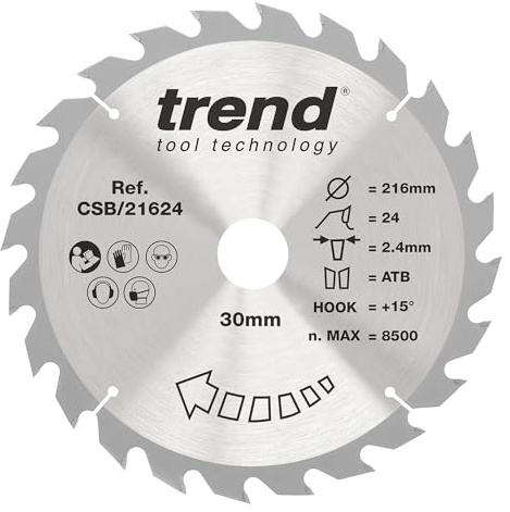 Trend Wood Circular Saw Blade, 216mm x 30mm Bore, 24T, TCT, Coarse | For Fast Coarse Cross-Cutting In Timber, With 2.4mm Kerf And +15° Hook Angle, For Wood, CSB/21624