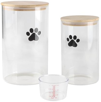 Geyecete Set of 2 Glass Dog Treat Box,4L+2L Dog Cats Food Container with wood Lid,Sealed Food Storage for Dogs and Cats,Dog Cookie Container