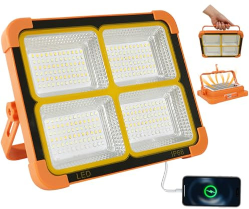 Projecteur de chantier LED 100W avec panneau solaire - 10000lm Projecteur LED 12000mAh batterie rechargeable via USB 4 modes d'éclairage parfait pour le camping en plein air garage pêche travail