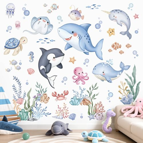 wondever Wandtattoo Unterwasserwelt Fisch Wandsticker Unter dem Meer Hai | Abziehen und Aufkleben, Abziehbar, Wandaufkleber Selbstklebend für Kinderzimmer Babyzimmer Schlafzimmer Wanddeko