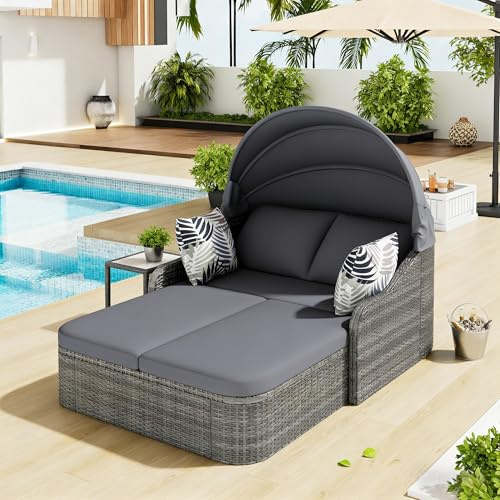 Mrwoo Gartenmöbel Set,Sonneninsel Gartenlounge Set,Graues PE-Rattan,Verstellbares Baldachin,Neigbare Rückenlehnen,4 Kissen,Witterungsbeständig,Einfach Montierbar,für Garten Pool Terrasse