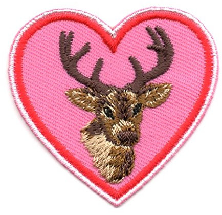 2 Aufnäher Bügelbild Aufbügler Iron on Patches Applikation Landhaus Wiesn Herz Hirsch 4,8 x 4,5cm Farbe: Rot-Pink Vor152-3
