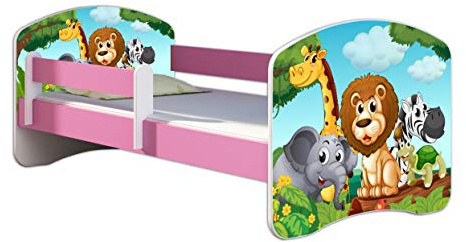 Kinderbett Jugendbett mit einer Schublade und Matratze Rausfallschutz Rosa 70 x 140 80 x 160 80 x 180 ACMA II (02 Animals, 80 x 180 cm)