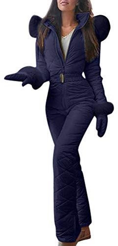 Minetom Damen Einteiliger Skioverall Winter Warme Schnee Skifahren Sätze Outdoor Jumpsuit Langer Overall mit Kapuze Reißverschluss Skianzüge wasserdicht Schneeanzug Blau 42