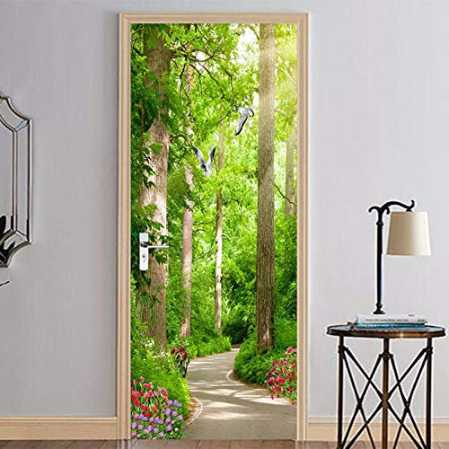 Stickers 3D Porte Poster Paysage De Chemin De Forêt Verte Créatif Papier Peint Porte Trompe L'Oeil Pour Salon Chambre Décoration De La Maison Stickers Muraux Imperméable Stickers Amovibles 77X200Cm