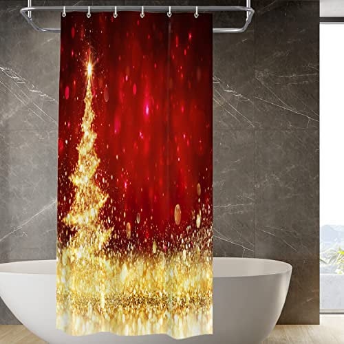 BaoNews Golden Christmas Christmas Tree Decor Shower Curtain,Red Gold Glitter Polyester Shower Curtain for Shower Stall Bathroom Waterproof with 6 Hooks 36x72 Inch