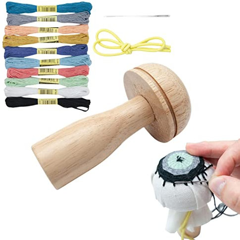 Abonda Stopfpilz, Patch Nähset, Holz Stopfwerkzeug Kompakt Leichte Nähsets mit Zehn Fäden für Stopfsocken, Pullover, Hosen, Hüte, Schals