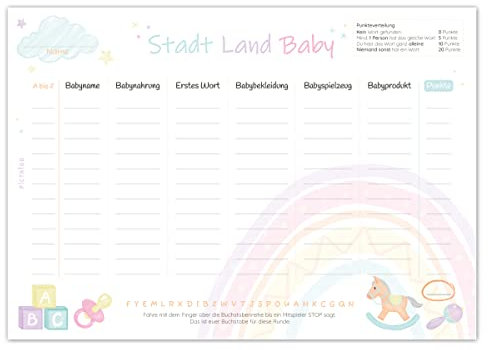 Stadt Land Fluss Baby Spielblock, Babyparty Babyshower Spiel, Spieleblock zum Ausfüllen für Mädchen & Junge, Geschenk Quiz Block DIN A5 mit 50 Seiten, Partyspiel (1x)