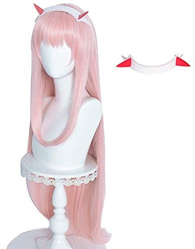 AxBALL Auf Langes Rosa mit Hörnern for Zero Two 002, Anime Cosplay, natürliches, glattes, süßes Lolita-Haar mit Pony for Kinder und Erwachsene – 39 Zoll auftragen