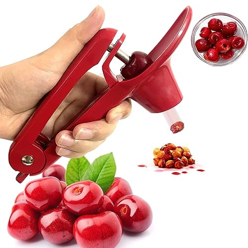 Cherry Pitter, Heavy-Duty Stainless Steel Olive and Cherry Pitters Corer Tool with Space-Saving Lock Design, Multi-Function Cherries Stoner Seed Remover Tool for Making Cherry Jam (Red)