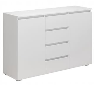VBChome Kommode mit 4 Schubladen und 2 Türen 120 x 40 x 97 cm Weiß Grifflose Schubladenkommode Mehrzweckschrank für Flur Schlafzimmer Wohnzimmer Kommode mit 4 Schubladen und 2 Türen Weiß