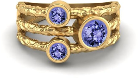 MOONEYE 0,70 Ctw-Runde Tansanit Ring mit geteiltem Schaft, gehämmertes geteiltes Band, 925er-Sterlingsilber, Trio-Stein-Ring Gold Vermeil, 50