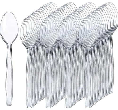 Pack of 100 Heavy Duty Clear Reusable and Washable Spoons Cutlery Tablespoon Perfect for Parties and Basic Everyday Tableware and Dinnerware