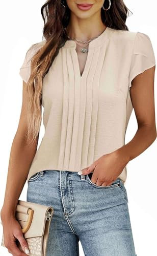Teesho Damen Bluse Kurzarm Elegant Hemdbluse V-Ausschnitt Plissee vorne Arbeit Sommer Oberteile Shirts Tunika Hemd Tops (Apricot/L)