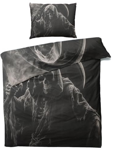 MOBEITI Totenkopf Bettwäsche 135x200, Schwarz Gothic Skelett Wendebettwäsche - Deko & Geschenke, Weiche Mikrofaser Bettbezug Set 2teilig, 1 Kissenbezug 80x80, mit Reißverschluss