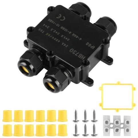 Boite de Derivation Etanche Exterieur IP68, 4 Voies Boite Etanche Electrique Exterieur, Boite Derivation Etanche, Boîte de Jonction étanche IP68 pour Câbles électriques Ø 4mm -14mm, Noir