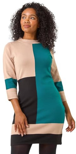Roman Originals Knitted Jumper Dress for Women UK - Ladies Colour Block Winter Autumn Smart Casual Office Bodycon Workwear Everyday Long Sleeve Knee Length Knit Pocket - Petite Forest - Size 16