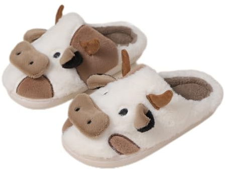 MIXSEN Kuh Hausschuhe Damen Herren Cow Slippers Plüsch Pantoffeln Tiere Cartoon Hauspantoffeln Winter Weiche Warme rutschfeste Indoor(Braun,38-39EU)