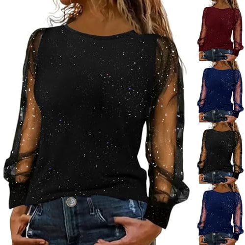 HOOUDO Sparkly Tops for Women UK Long Sleeve Sequin Shiny Shirts Blouses Evening Clubbing Party T-Shirt Casual Mesh Blouse Glitter Sexy Outfits Fashion Tunic Black
