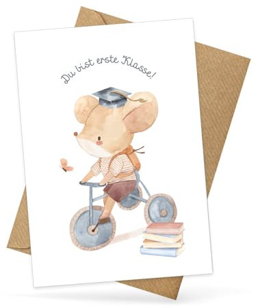 KOKO&LORA: Glückwünschkarte zur Einschulung mit Umschlag • zuckersüßes Motiv mit Kraftpapier-Kuvert • du bist erste Klasse