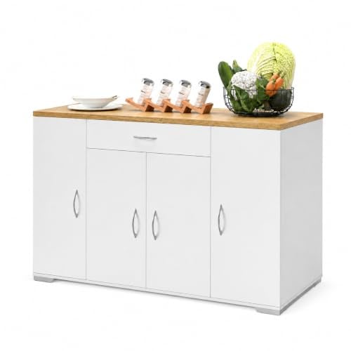 Amveya Buffet Bas Crédence Blanc Salle à Manger Rangement 110×30×70cm | Buffet bas crédence avec 4 portes 1 tiroir et grand rangement comme meuble étroit pour salle à manger salon et accessoires