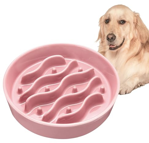 Ceramic Slow Feeder Dog Bowls for Medium and Large Breed, 8-Inch Dog Slow Feeder Bowl for Fast Eaters, 33oz, Salmon Pink