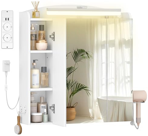 Hzuaneri Spiegelschrank Bad mit Beleuchtung, 2AC+2USB Steckdosenleiste, Wandschrank mit Haartrockner-Halter, Haken, Stecker, Verstellbare Regale, 16,5 x 70 x 75 cm, Weiß, MC00603XEU