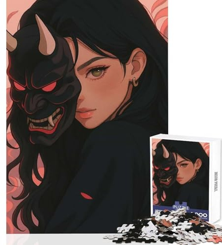 Mädchen mit Oni-Maske Digitales Kunstwerk 1000-teiliges Puzzle Erinnerungsspaß Spielspaß hochpräzise gestanzt Familienspaß Abendaktivität 38x26cm