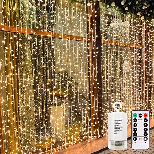 echosari 300 LED Curtain Lights Battery Operated, 3M×3M Hanging Lights with Remote Timer Fairy Curtain Lights for Bedroom Patio Wedding Backdrop Party Decór (Warm White)