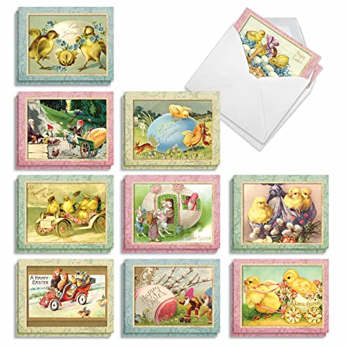 The Best Card Company 20 biglietti di Pasqua vintage con buste (10 x 13 cm) - Biglietti retrò in scatola per Pasqua (10 disegni, 2 ciascuno) - Springtime Chicks AM3196EAG-B2x10