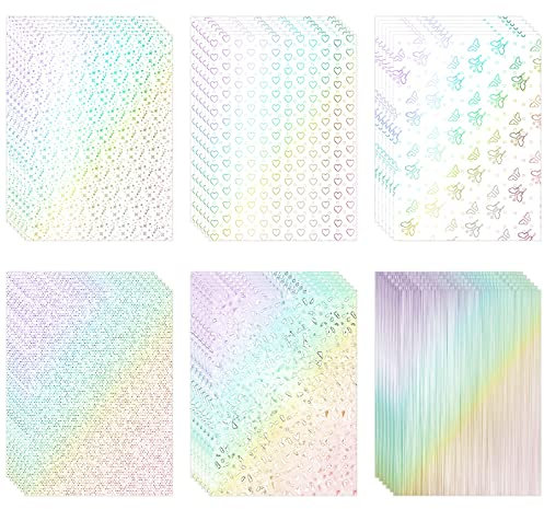 Anruyi 30 Sheets A4 Holographic Sticker Paper, 6 Patterns Holographic Laminate Sheets Holographic Vinyl Stickers Self Adhesive Transparent Holographic Film Glitter for Stickers, 30 x 21.5cm