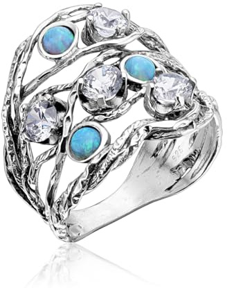 925 Sterling Silber Ring mit 3 blauen Opalen & 4 weißen runden Zirkonia, Boho Chic Vintage Look, hypoallergen, nickelfrei, bleifrei, handgefertigte Designer-Kollektion