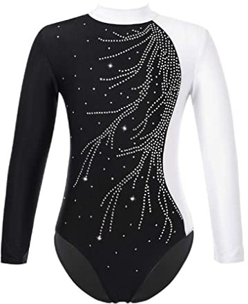 Oyolan Mädchen Langarm Gymnastikanzug Kinder Turnanzug mit Rundhals Pailletten Turnbody Gymnastiktrikot Turntrikot Gr.116-176 Weiss 158-164