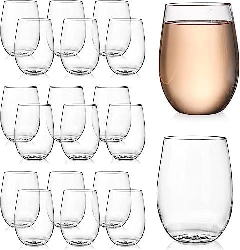 Tebery 20 Pack 16oz Unbreakable Plastic Wine Glasses, 450ml Reusable Heavy Duty Clear Drinking Glasses, Stemless Wine Cups for Champagne, Dessert, Food Samples, Catering, Weddings