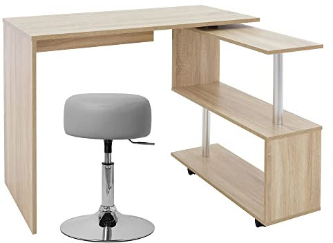 ML-Design Eckschreibtisch drehbar mit Sitzhocker, Schreibtisch Bürotisch PC Tisch L-Form Natur Sonoma-Eiche 150x88x75 cm, Polsterhocker Kunstleder Hellgrau rund 33 cm drehbar höhenverstellbar 52–65 cm