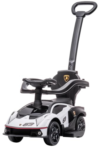 AIYAPLAY 2 en 1 Coche Correpasillos Lamborghini Essenza SCV12 Blanco Negro | para Niños 12-36 Meses, Andador Empujador, Bocina, Mango de Empuje y Barandilla Extraíbles, 86,5x40x89,5 cm