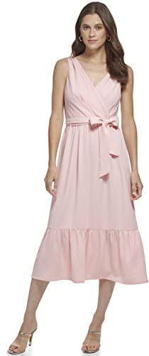 DKNY Damenkleid mit Rüschensaum, zum Selbstbinden mit Gürtel, V-Ausschnitt, cremefarben / Pink / Beige, 36