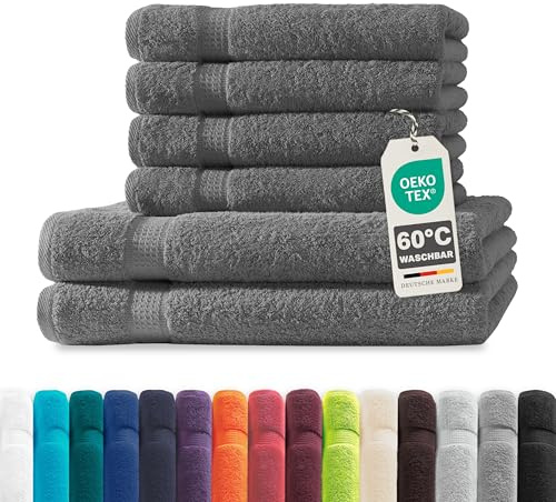Müskaan® 6er Handtuch Set Anthrazit, 100% Baumwolle, 500g/m² – 2X Duschtuch 70x140cm & 4X Handtuch 50x100cm – Öko-Tex, Frottee Handtücher Set Baumwolle, Handtuchset Grau, 60°C waschbar, Frotteetücher