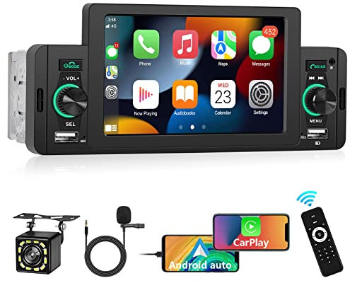 Podofo 1Din Autoradio mit A-pple Carplay & Android Auto,5 Zoll Bildschirm mit Bluetooth-Freisprechfunktion, Link Spiegeln,Lenkradkontrolle, Spiegellink, Dual-USB+Rückfahrkamera+Mikrofon