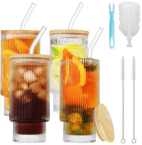 HMJIA 4 Vasos Acanalados con Pajita de Cristal 500 ml Para Cócteles Whisky Cerveza Café Helado Refrescos Zumos (Acanalado + Tapa de Bambú)