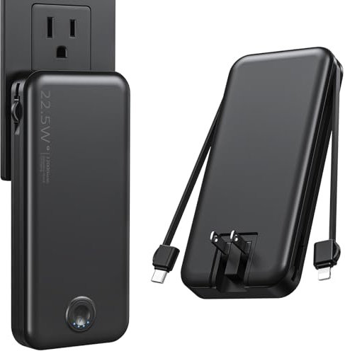 Nusyddy Portable Charger with Built in Cable and AC Wall Plug, USB C Power Bank 12000mAh 22.5W Super Fast Charging, Lightweight Portable Phone Charger Travel Battery Pack for iPhone, ect