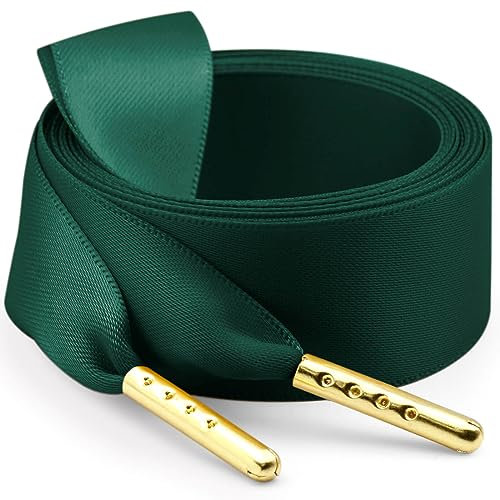 WEGOODZF Satin Ribbon Shoe Laces: 2.2CM Wide 100CM Long Emerald Green Flat Silk Shoelaces with Golden Metal Tips for Women Girls 2 Pairs Replacement Shoelace for Trainers Boots