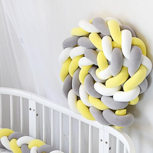 GaRcan Geknotetes Seitenschläferkissen, Gewebte Dekokissen, Stricken das Kinder schützt Geflochten Bettseitenkissen (Color : White+Gray+Yellow, Size : 3m)