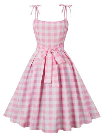 AYAZER Robe mi-Longue à Bretelles Barbie à Carreaux Roses avec nœud Doux-Rose-S