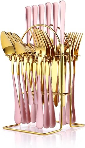24 Piece Flatware Set, Stainless Steel Cutlery Set with Silverware Holder, Spoons, Forks and Knives, Utensil Set Service for 6, Gold Mirror Polished and Matte Pink Painted (Pink)