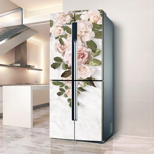 Fridge Wraps Kitchen Fridge Stickers Cover Full Doors, Fridge Sticker Full Covering Door Fridge Covers Skins Wall Stickers for Kitchen Decal, Pink Peony Flower