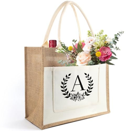 Tarklanda Jutetasche mit Initial, Jute Shopper Bag Frauen, Einkaufstasche Alphabet, Jute Tote Bag, Geschenk für Damen, Frau, Freundin zum Weihnachten,Geburtstage, Muttertag, Hochzeit (A)