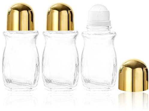Rollflaschen für ätherische Öle, Roll-on-Flaschen aus Glas mit Rollkugel und Verschluss aus Kunststoff, leere Rollkugelflaschen, Deodorant-Fläschchen für ätherische Öle, 3 Stück, 50 ml (Gold)