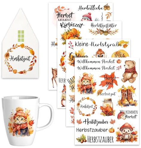 Rub On Sticker Autunno – 4 fogli con frasi per il giorno del Ringraziamento – Rub On pellicola di trasferimento per il fai da te e la decorazione per mobili Raysin Keraflott, in vetro e legno (19 x 14